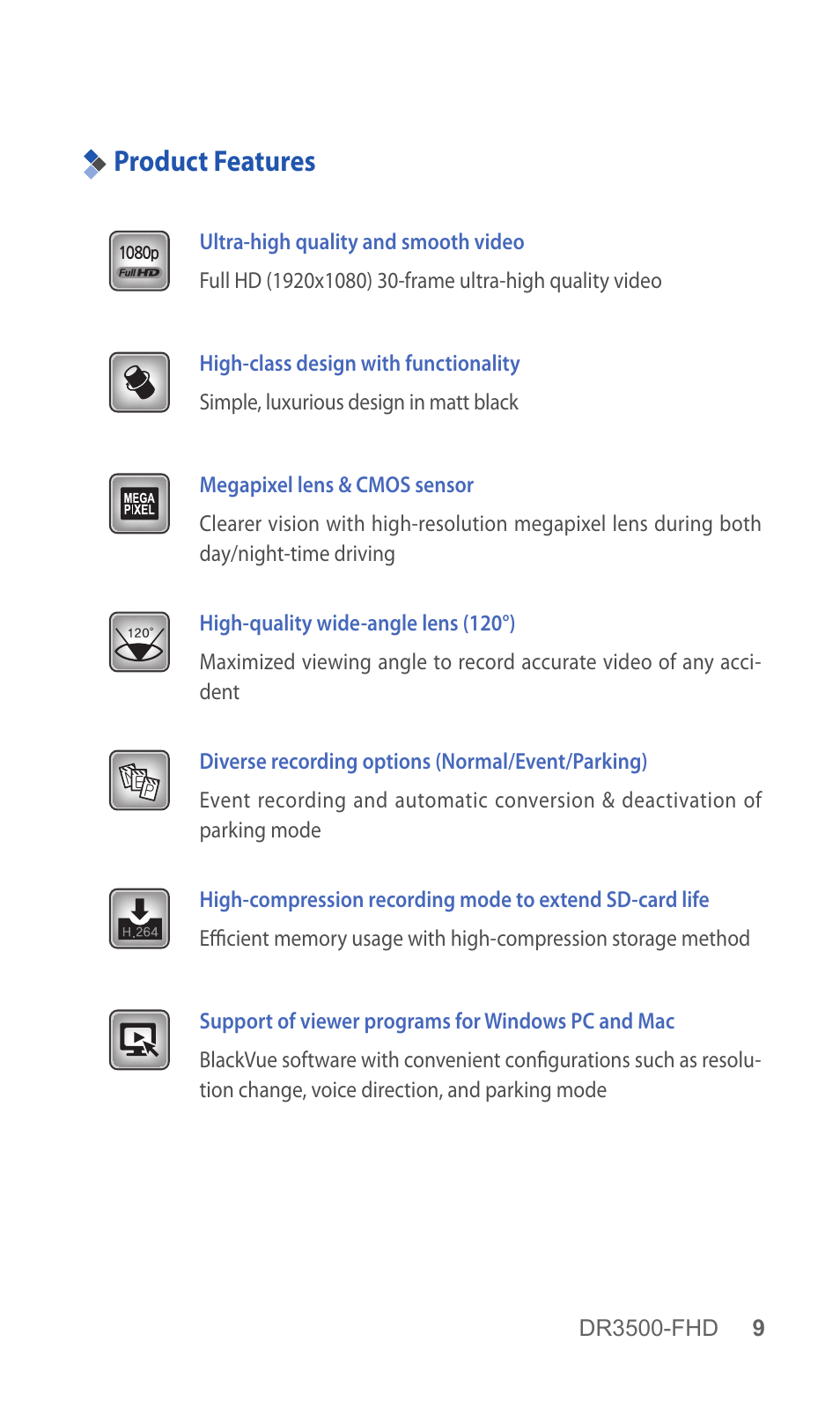 Product features | BlackVue DR3500-FHD V.1.00 User Manual | Page 9 / 42