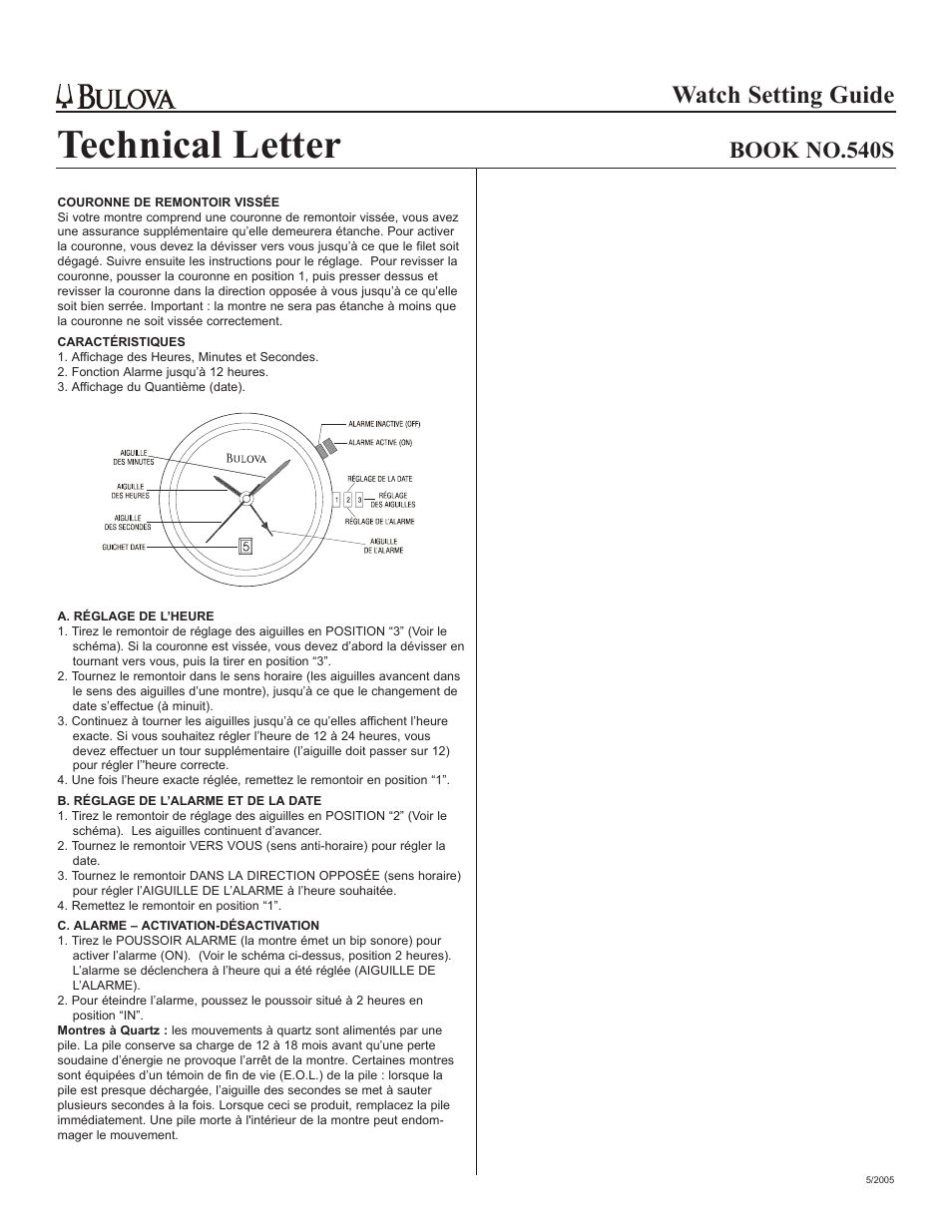 Technical letter, Watch setting guide, Book no.540s | Bulova 540S User Manual | Page 2 / 6