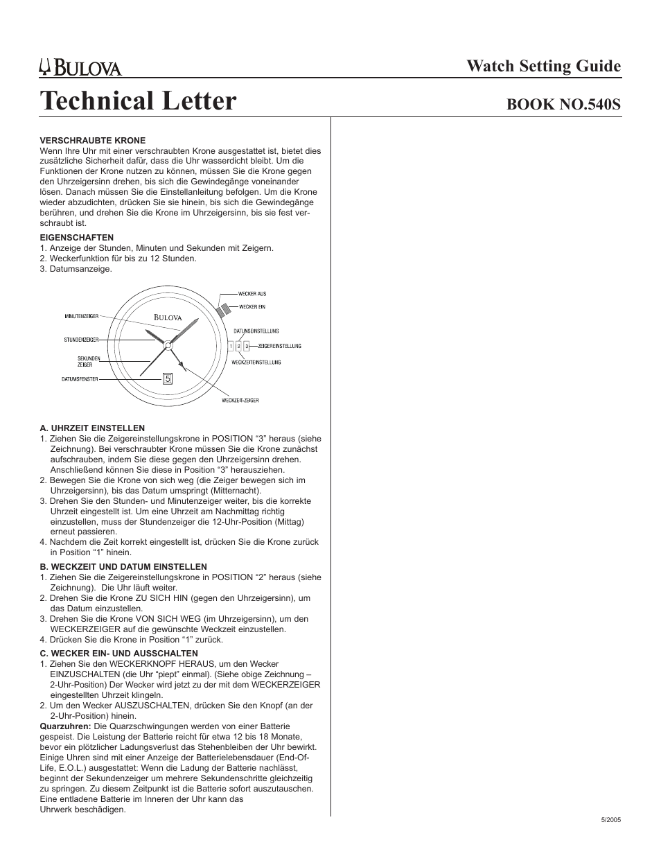 Technical letter, Watch setting guide, Book no.540s | Bulova 540S User Manual | Page 3 / 6