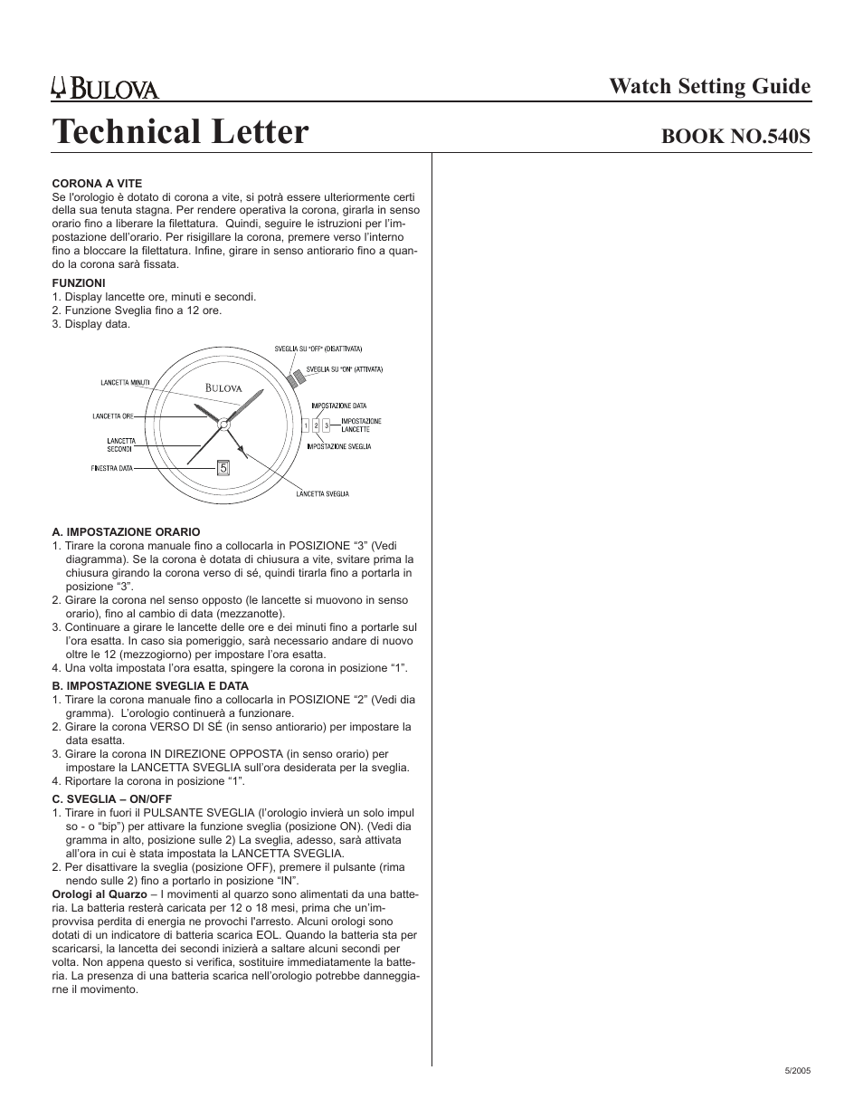 Technical letter, Watch setting guide, Book no.540s | Bulova 540S User Manual | Page 4 / 6