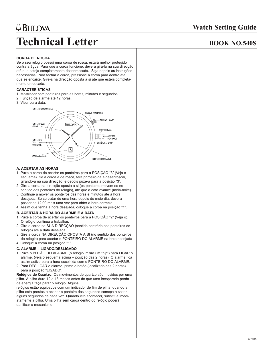 Technical letter, Watch setting guide, Book no.540s | Bulova 540S User Manual | Page 5 / 6