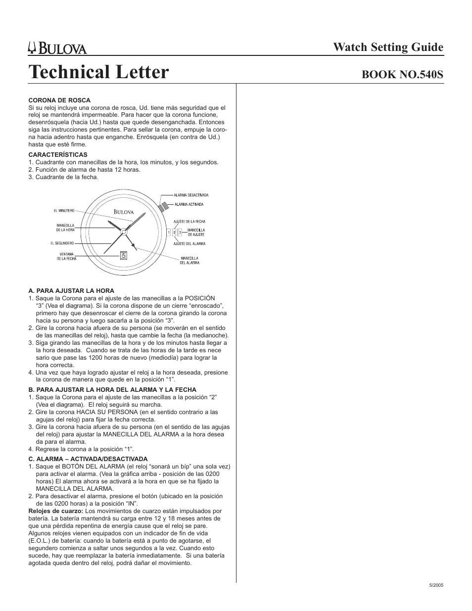 Technical letter, Watch setting guide, Book no.540s | Bulova 540S User Manual | Page 6 / 6
