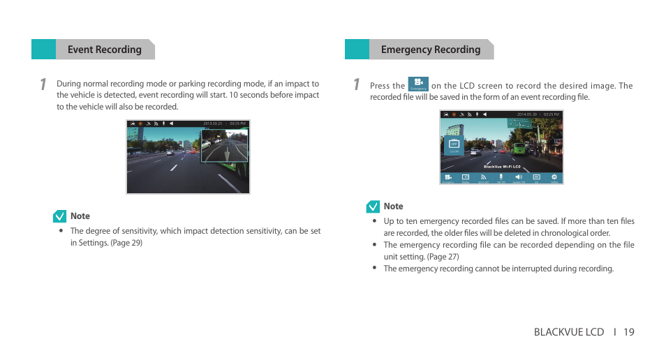 Event recording, Emergency recording | BlackVue DR750LW-2CH V.2.01 User Manual | Page 19 / 51