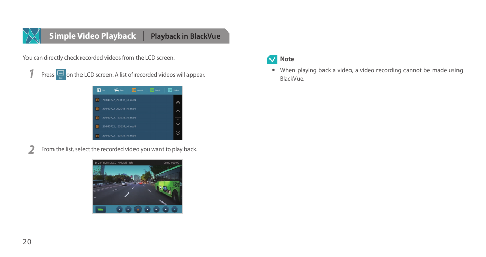 Simple video playback, Playback in blackvue | BlackVue DR750LW-2CH V.2.01 User Manual | Page 20 / 51