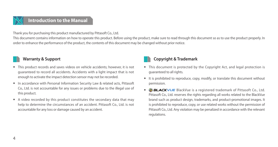 Introduction to the manual | BlackVue DR750LW-2CH V.2.01 User Manual | Page 4 / 51