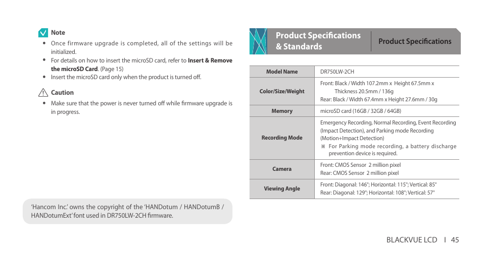 Product specifications & standards, Product specifications | BlackVue DR750LW-2CH V.2.01 User Manual | Page 45 / 51