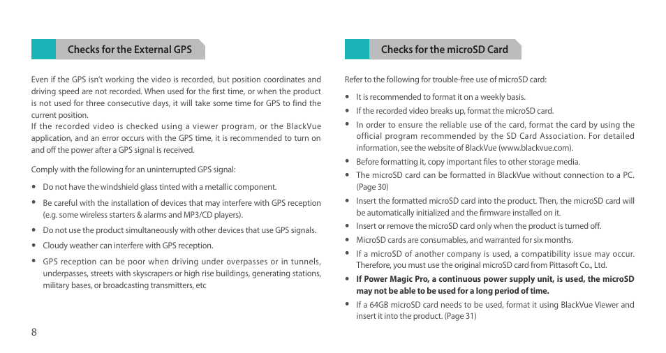 Checks for the external gps, Checks for the microsd card | BlackVue DR750LW-2CH V.2.01 User Manual | Page 8 / 51