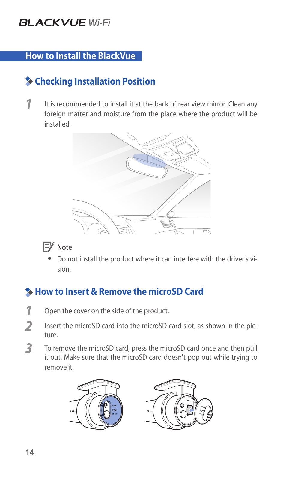 How to install the blackvue, Checking installation position, How to insert & remove the microsd card | 14 checking installation position, 14 how to insert & remove the, Microsd card | BlackVue DR600GW-HD V.1.01 User Manual | Page 14 / 47