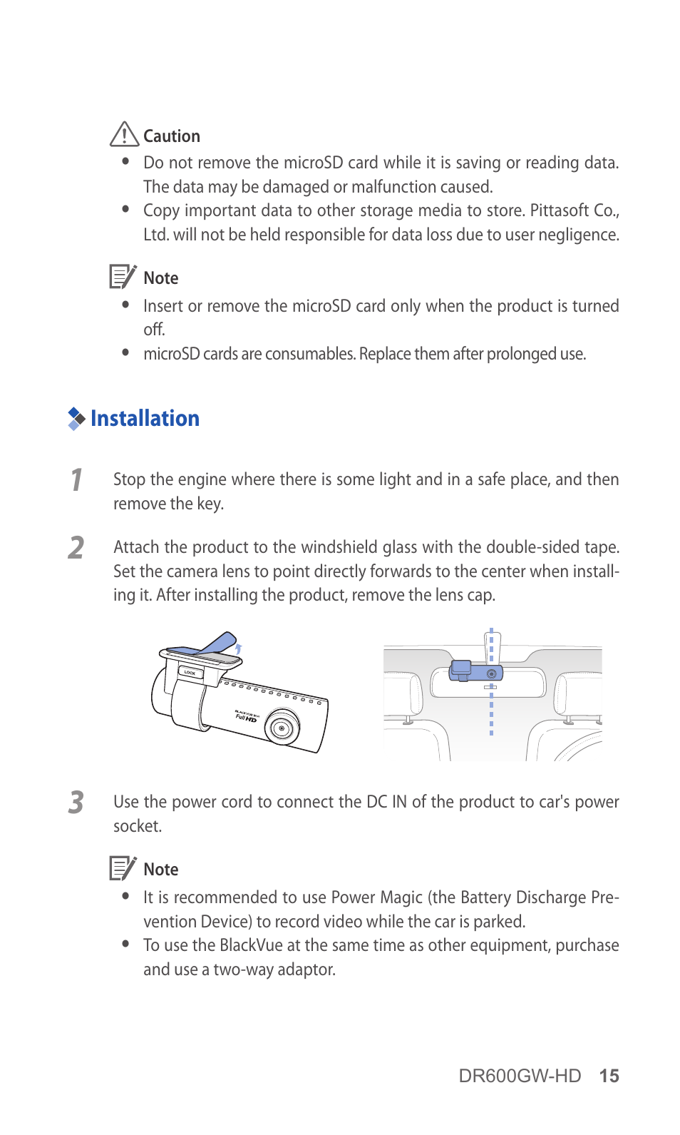 Installation, 15 installation | BlackVue DR600GW-HD V.1.01 User Manual | Page 15 / 47