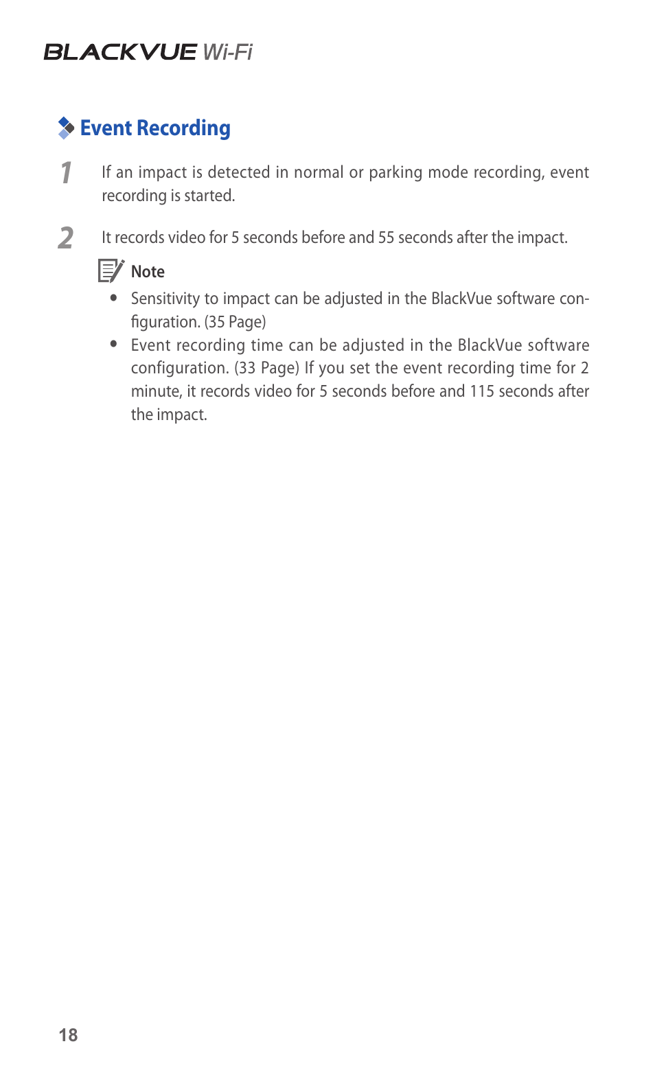 Event recording, 18 event recording | BlackVue DR600GW-HD V.1.01 User Manual | Page 18 / 47