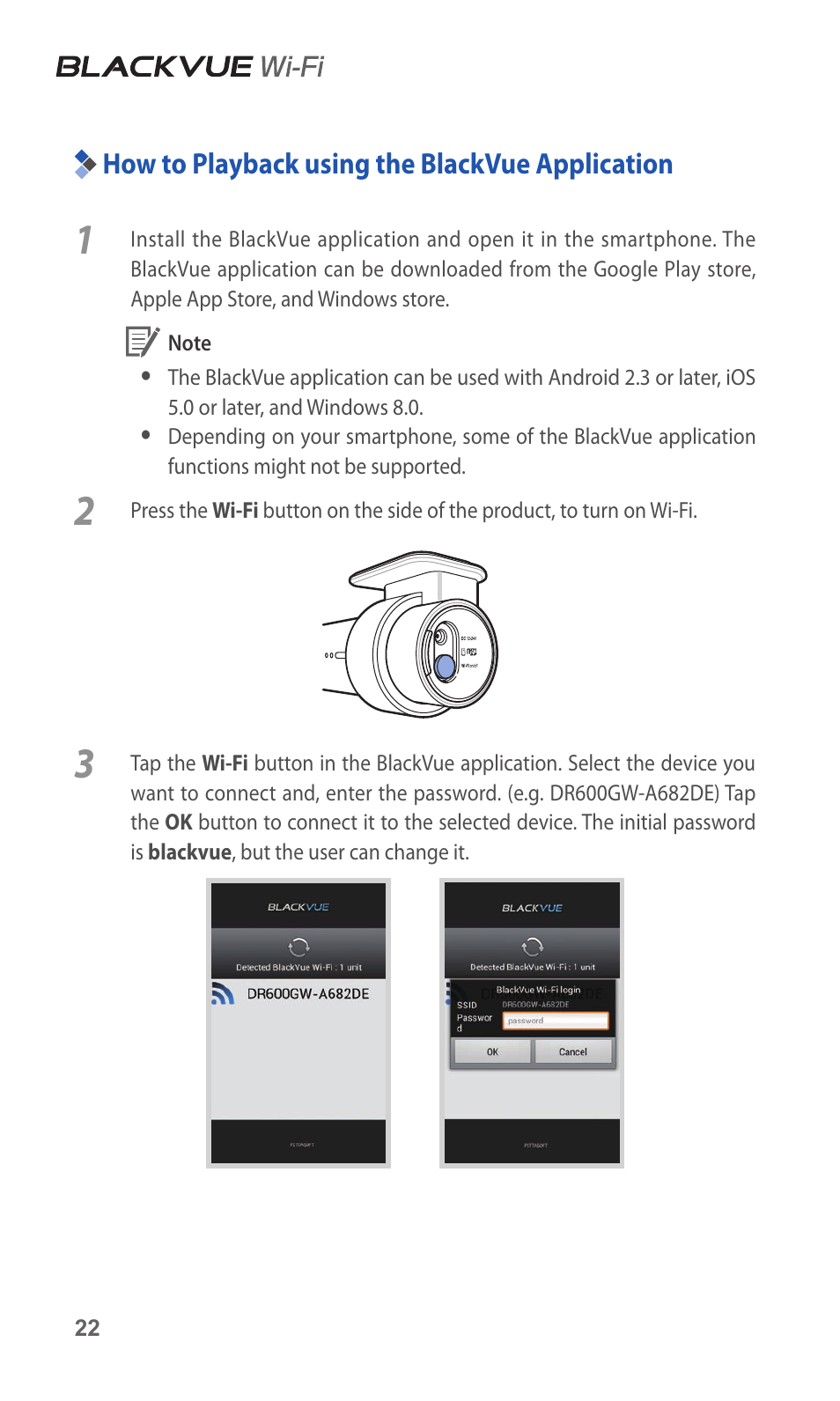 How to playback using the blackvue application, 22 how to playback using the blackvue, Application | BlackVue DR600GW-HD V.1.01 User Manual | Page 22 / 47