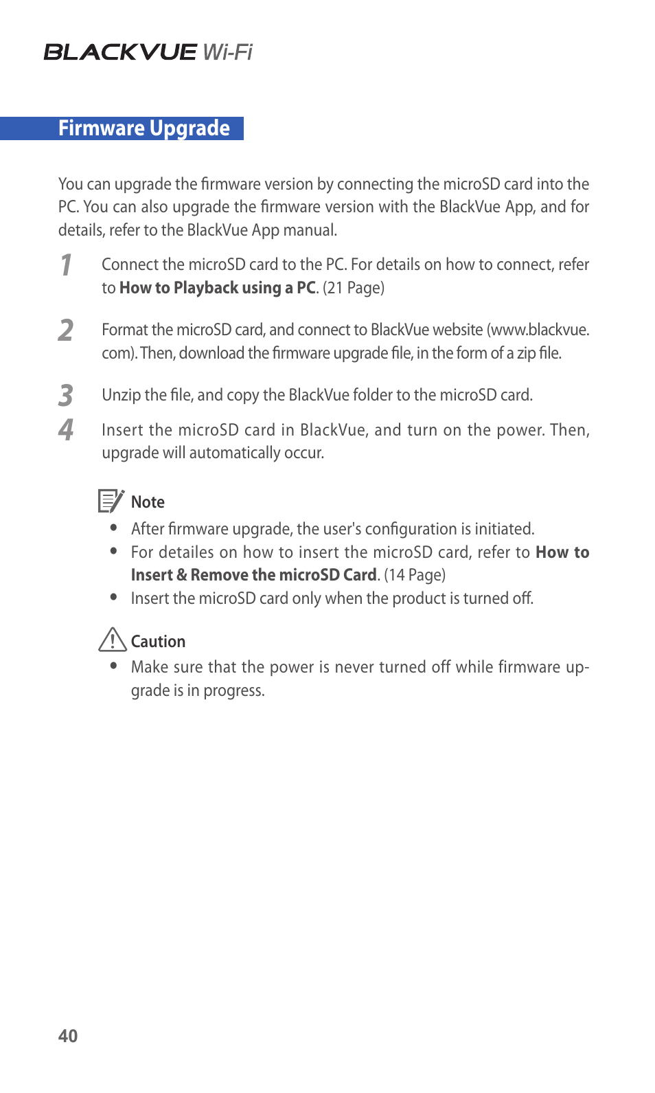 Firmware upgrade | BlackVue DR600GW-HD V.1.01 User Manual | Page 40 / 47