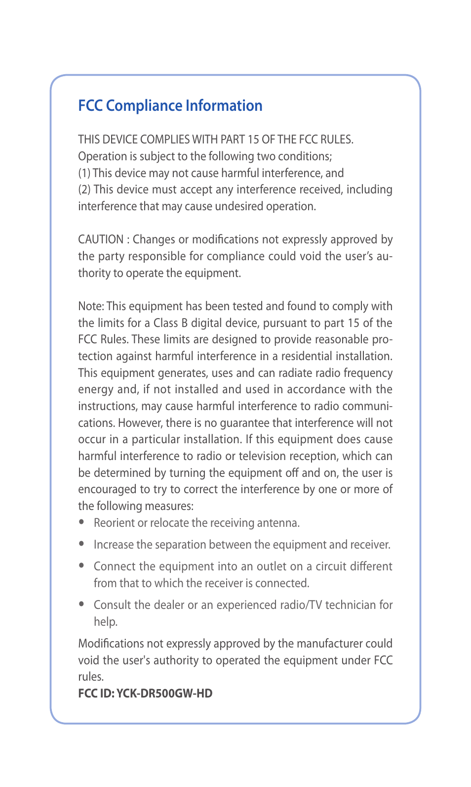 Fcc compliance information | BlackVue DR600GW-HD V.1.01 User Manual | Page 45 / 47
