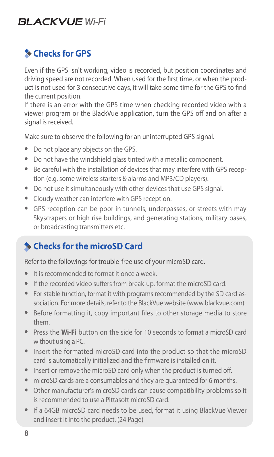 Checks for gps, Checks for the microsd card, 8 checks for gps | 8 checks for the microsd card | BlackVue DR600GW-HD V.1.01 User Manual | Page 8 / 47