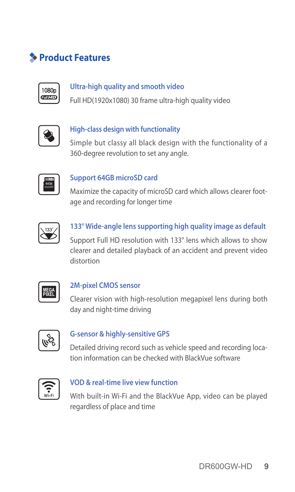 Product features, 9 product features | BlackVue DR600GW-HD V.1.01 User Manual | Page 9 / 47