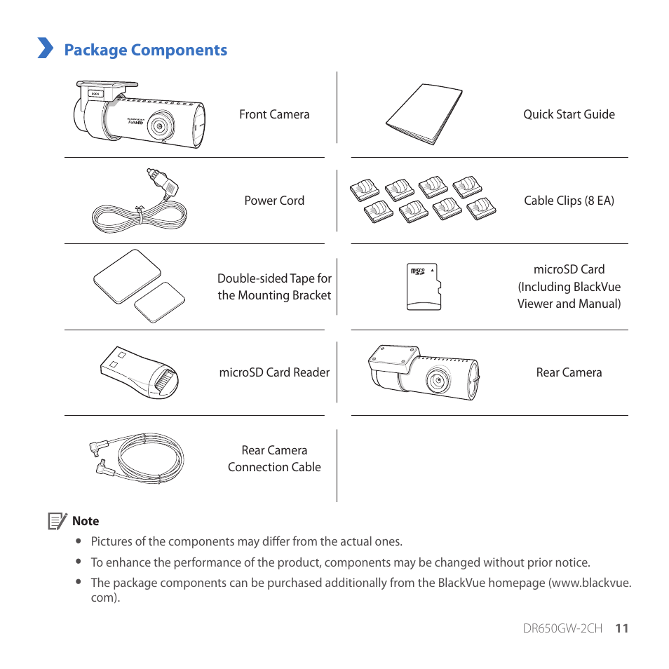 Package components | BlackVue DR650GW-2CH V.1.00 User Manual | Page 11 / 49