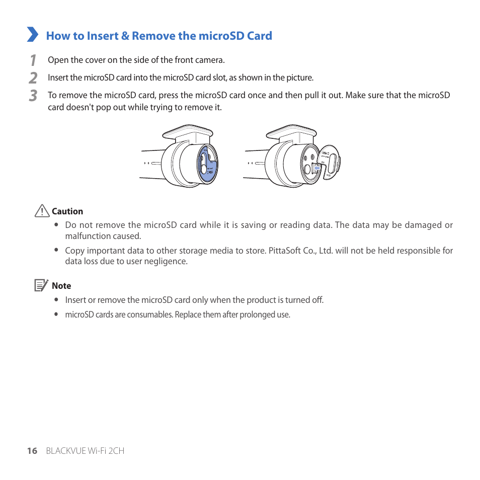 How to insert & remove the microsd card | BlackVue DR650GW-2CH V.1.00 User Manual | Page 16 / 49