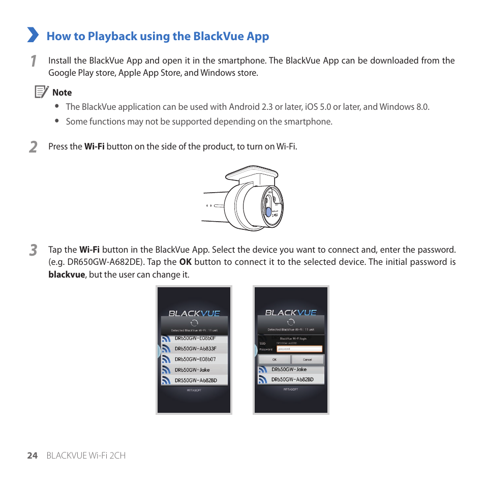 How to playback using the blackvue app | BlackVue DR650GW-2CH V.1.00 User Manual | Page 24 / 49