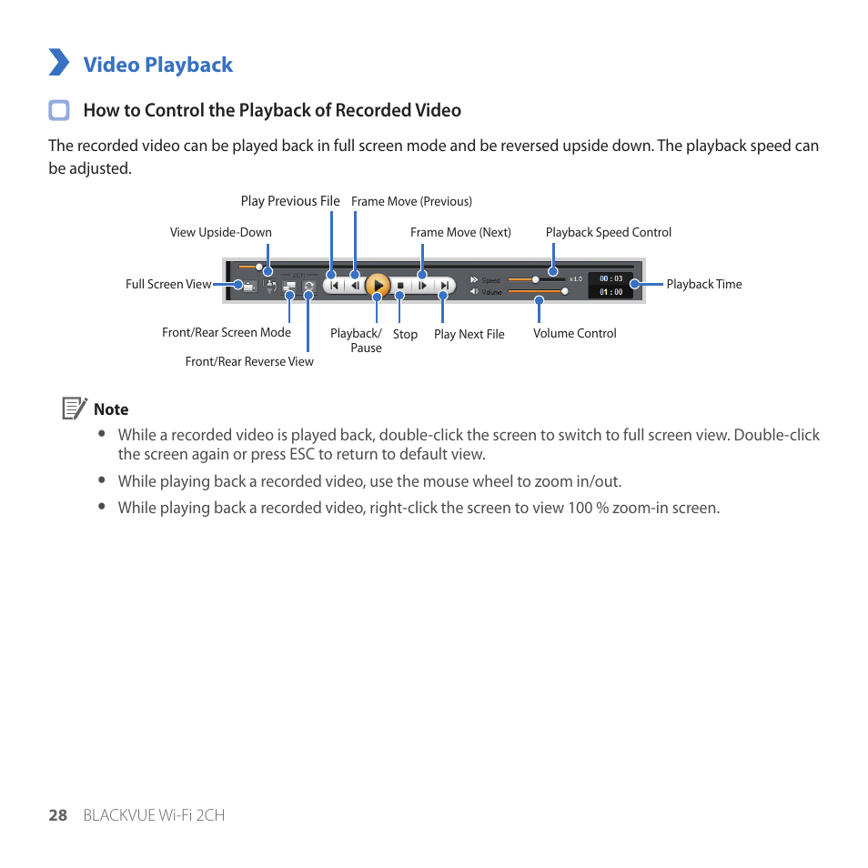 Video playback, How to control the playback of recorded video | BlackVue DR650GW-2CH V.1.00 User Manual | Page 28 / 49