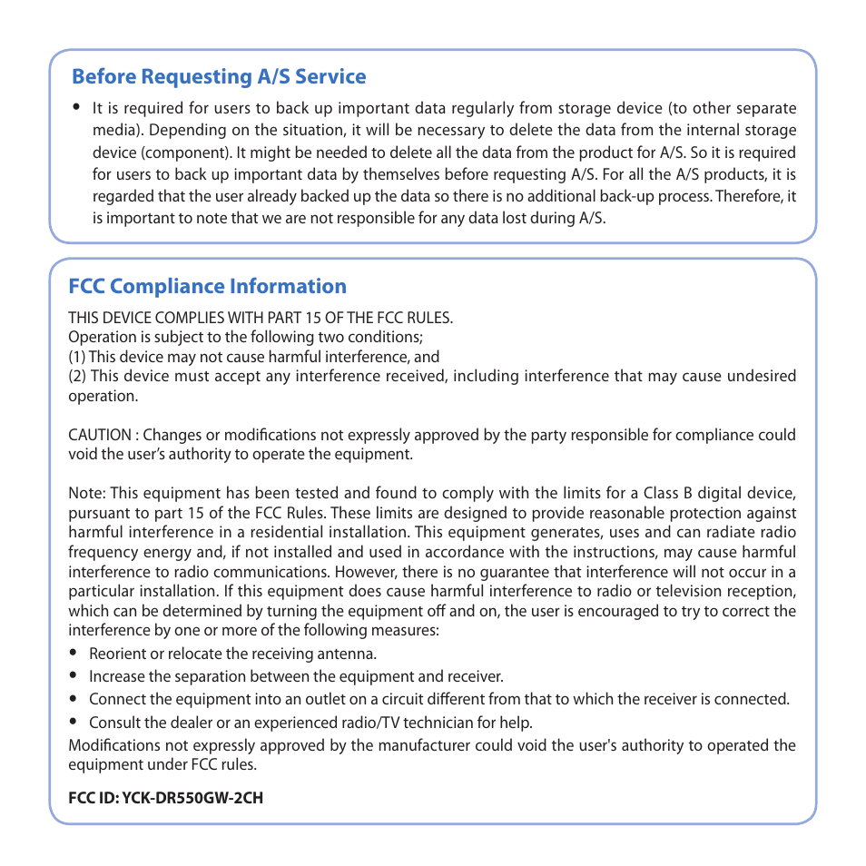 Before requesting a/s service, Fcc compliance information | BlackVue DR650GW-2CH V.1.00 User Manual | Page 47 / 49