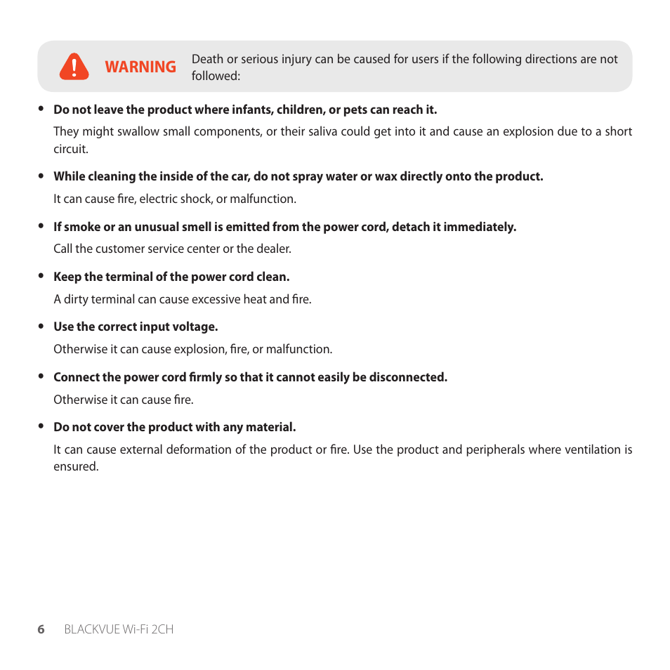 Warning | BlackVue DR650GW-2CH V.1.00 User Manual | Page 6 / 49