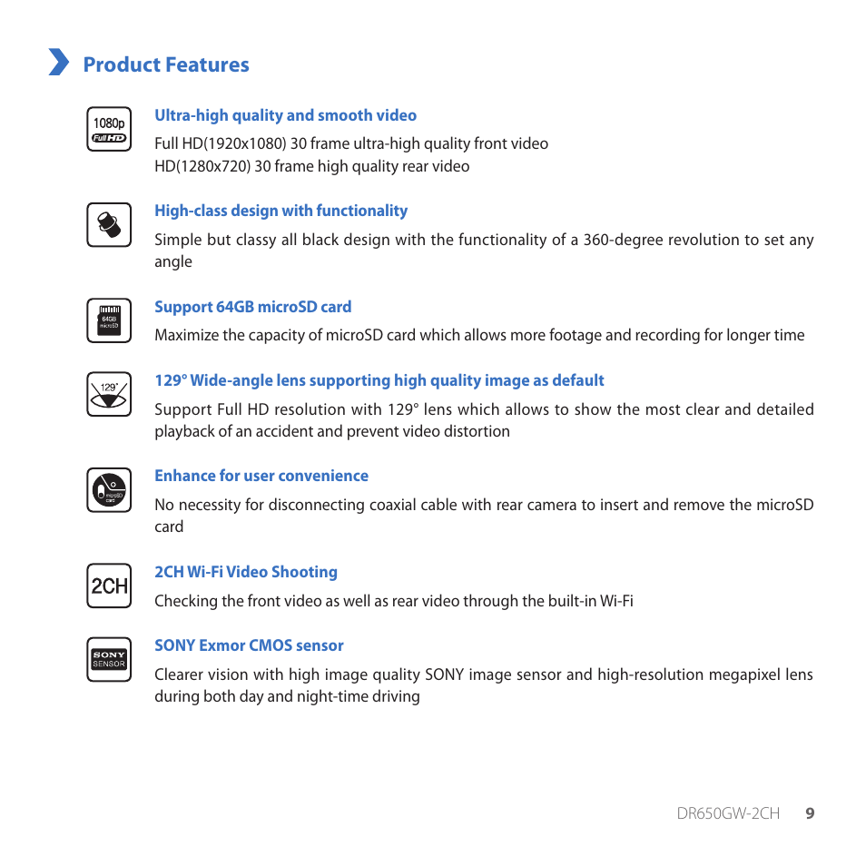 Product features | BlackVue DR650GW-2CH V.1.00 User Manual | Page 9 / 49