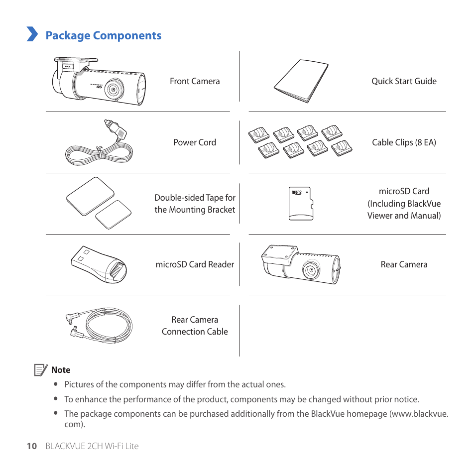 Package components | BlackVue DR530W-2CH V3.01 User Manual | Page 10 / 48