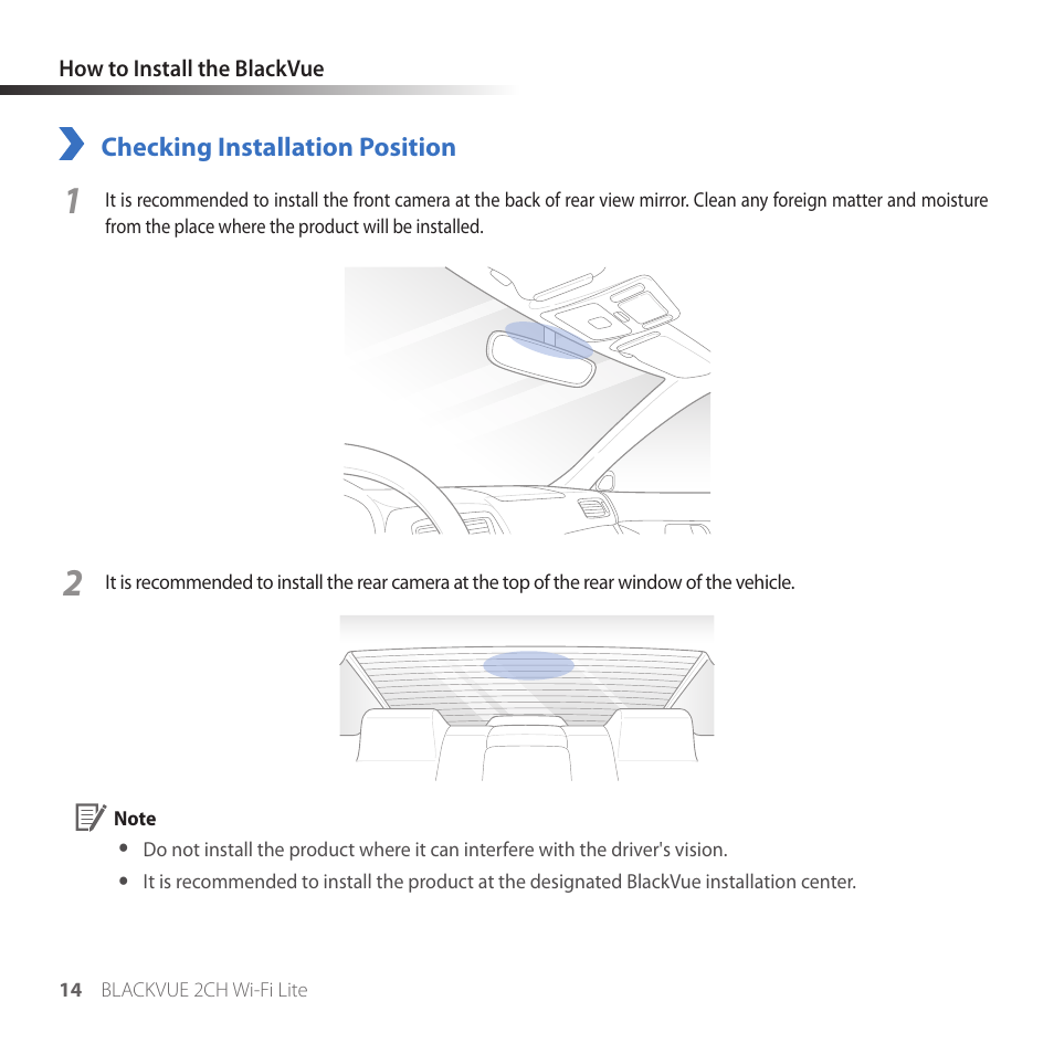 How to install the blackvue, Checking installation position | BlackVue DR530W-2CH V3.01 User Manual | Page 14 / 48