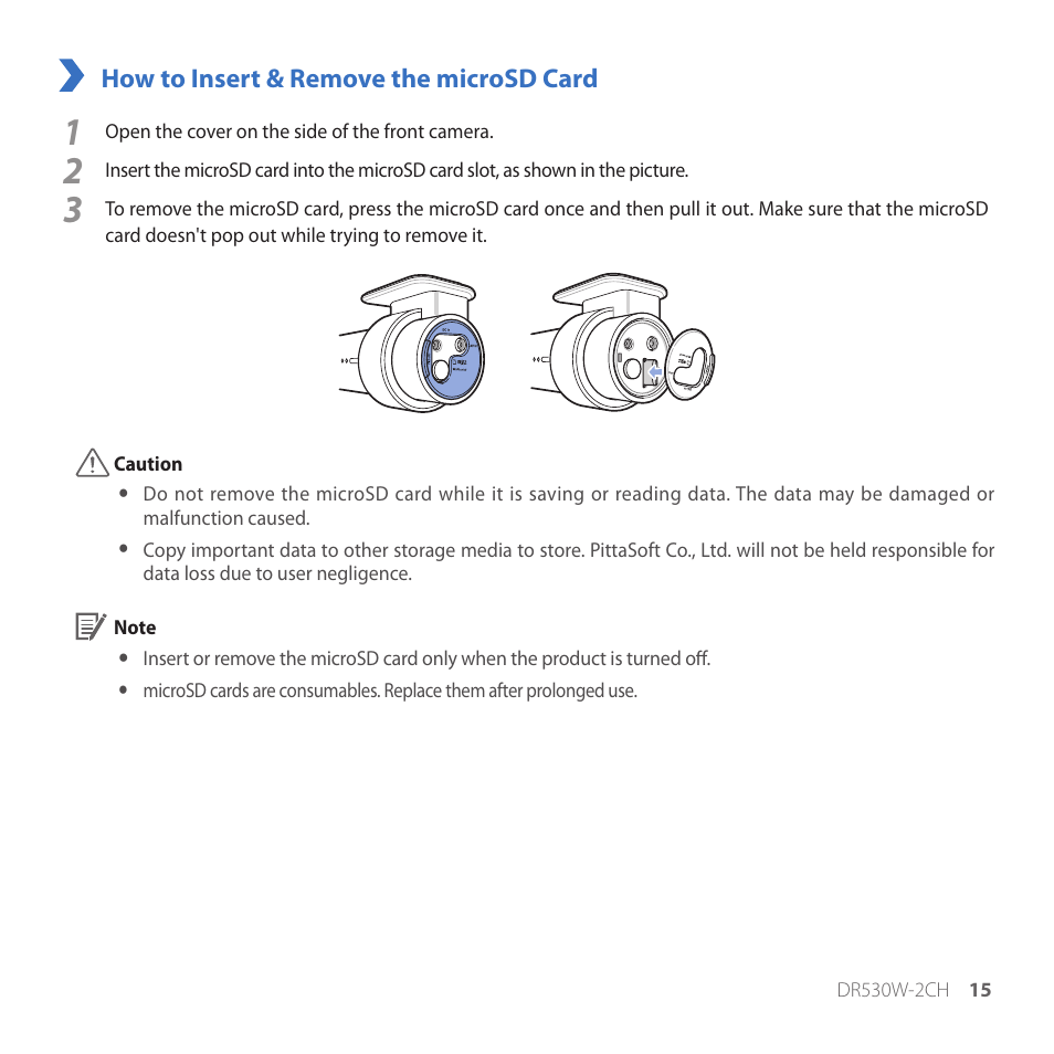 How to insert & remove the microsd card | BlackVue DR530W-2CH V3.01 User Manual | Page 15 / 48