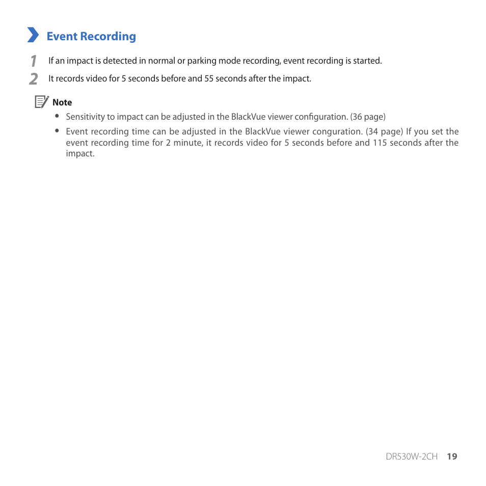 Event recording | BlackVue DR530W-2CH V3.01 User Manual | Page 19 / 48