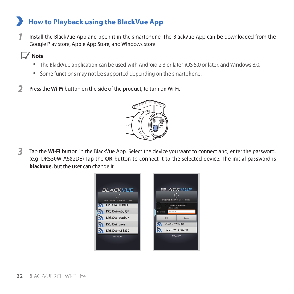 How to playback using the blackvue app | BlackVue DR530W-2CH V3.01 User Manual | Page 22 / 48