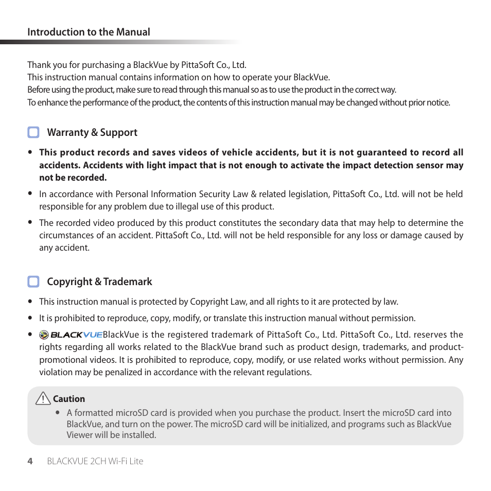 Introduction to the manual | BlackVue DR530W-2CH V3.01 User Manual | Page 4 / 48