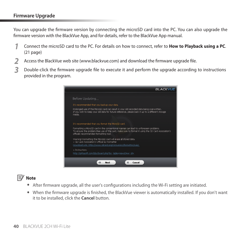 Firmware upgrade | BlackVue DR530W-2CH V3.01 User Manual | Page 40 / 48