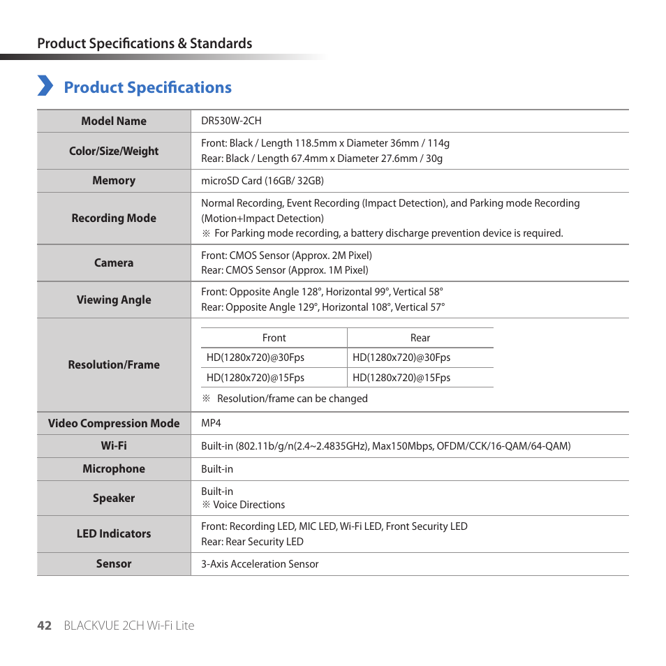 Product specifications & standards, Product specifications | BlackVue DR530W-2CH V3.01 User Manual | Page 42 / 48