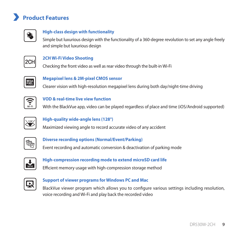Product features | BlackVue DR530W-2CH V3.01 User Manual | Page 9 / 48