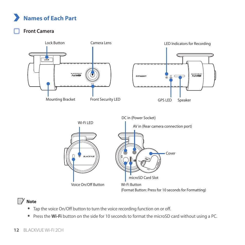 Names of each part, Front camera | BlackVue DR550GW-2CH V.3.02 User Manual | Page 12 / 51