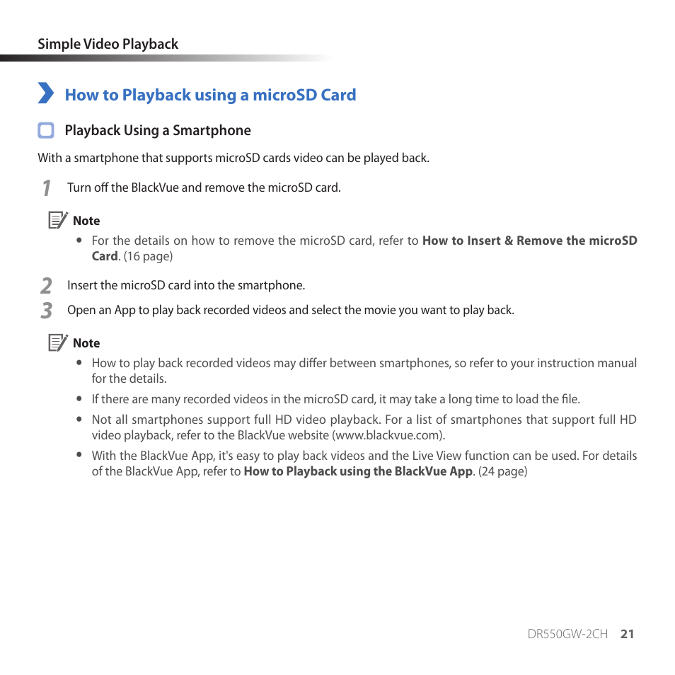 Simple video playback, How to playback using a microsd card | BlackVue DR550GW-2CH V.3.02 User Manual | Page 21 / 51