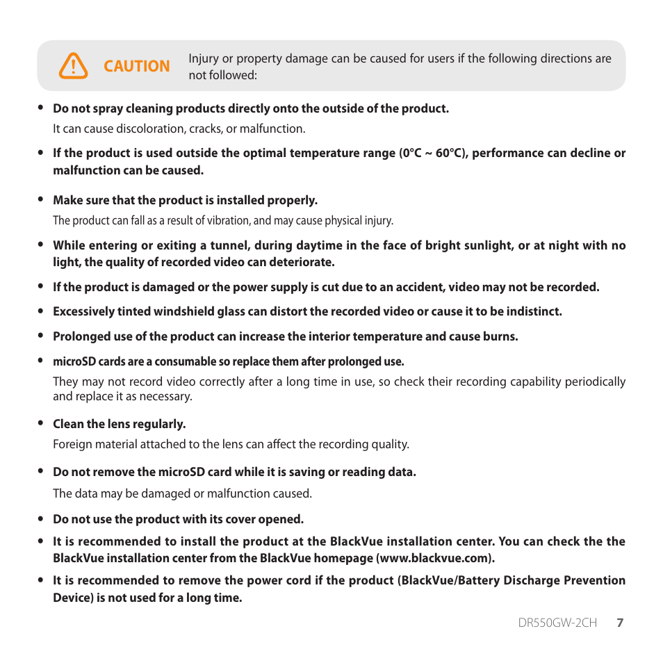 Caution | BlackVue DR550GW-2CH V.3.02 User Manual | Page 7 / 51