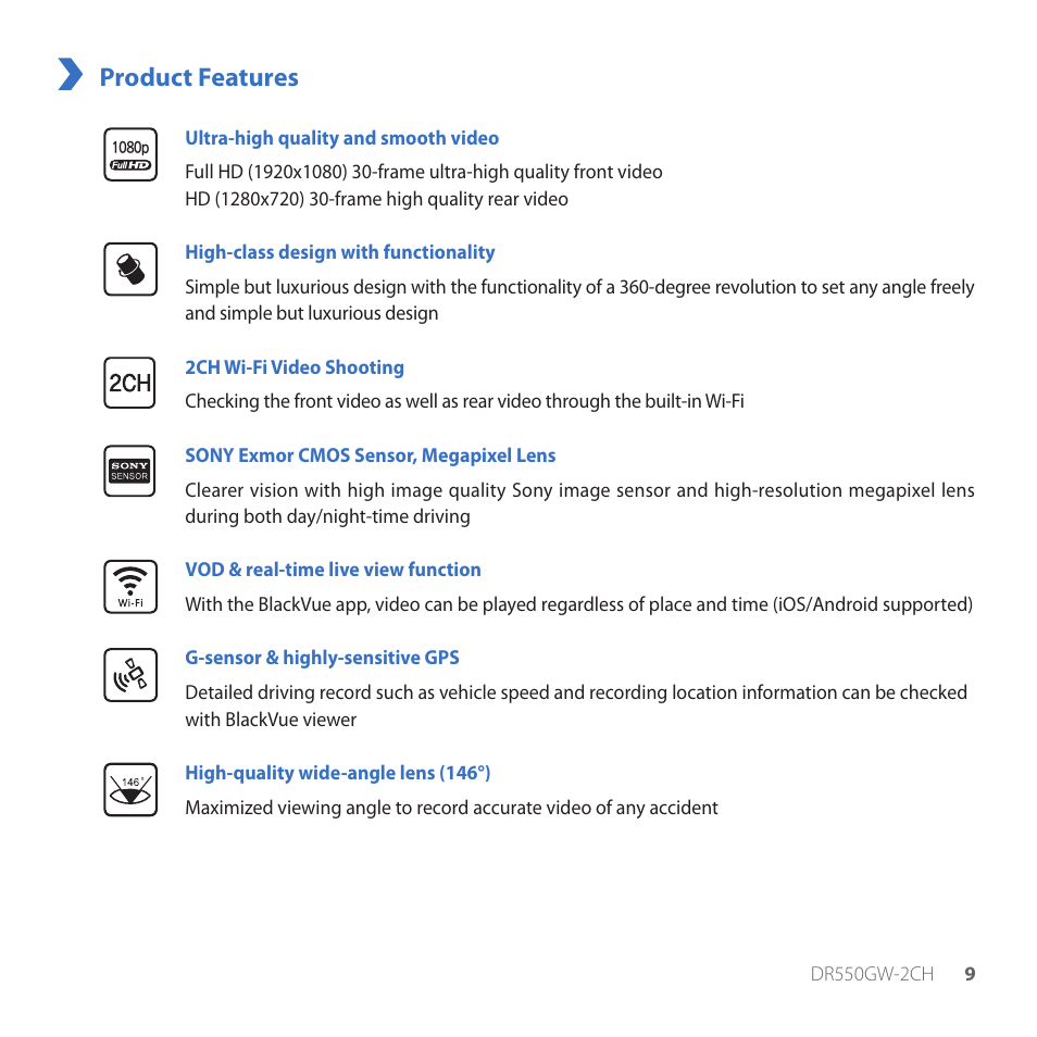 Product features | BlackVue DR550GW-2CH V.3.02 User Manual | Page 9 / 51
