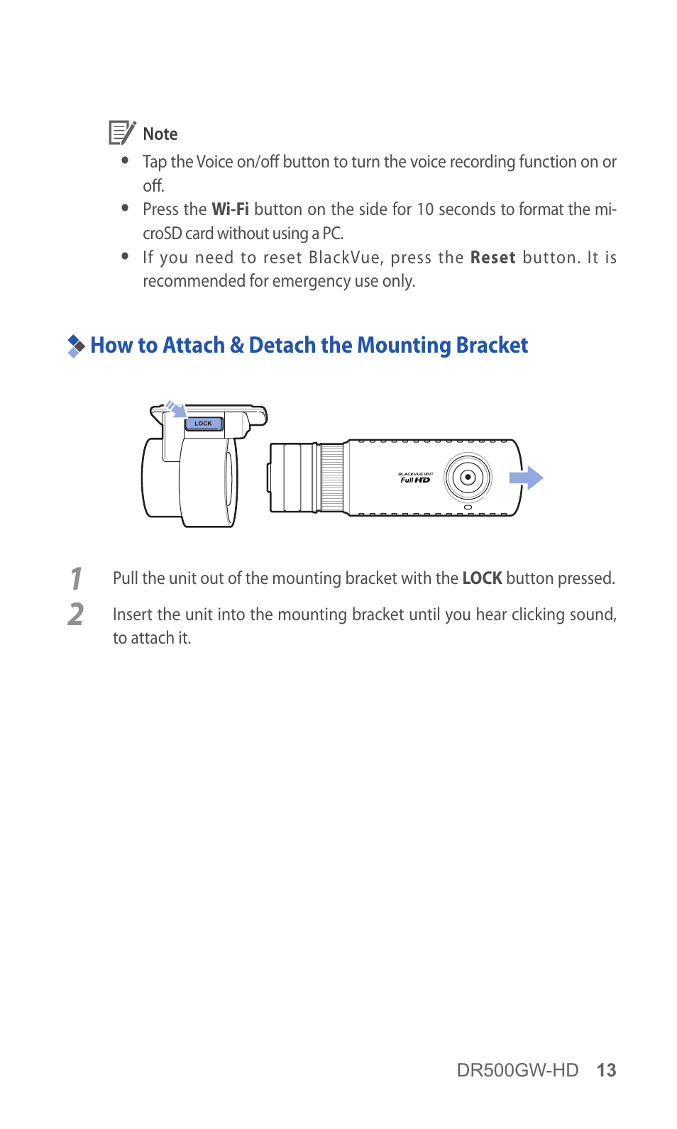 How to attach & detach the mounting bracket, 13 how to attach & detach the, Mounting bracket | BlackVue DR500GW-HD V.5.01 User Manual | Page 13 / 46