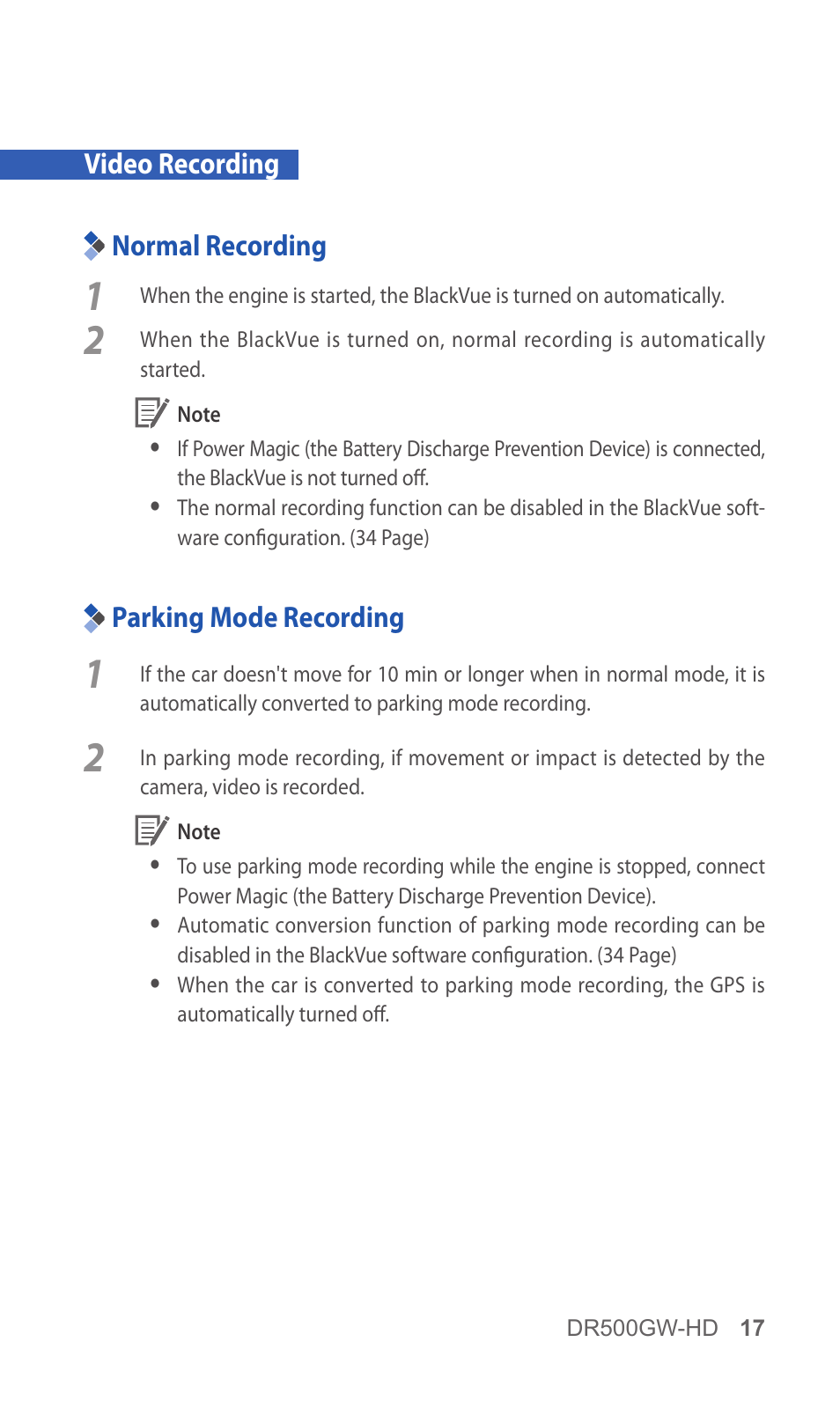 Video recording, Normal recording, Parking mode recording | 17 normal recording, 17 parking mode recording | BlackVue DR500GW-HD V.5.01 User Manual | Page 17 / 46