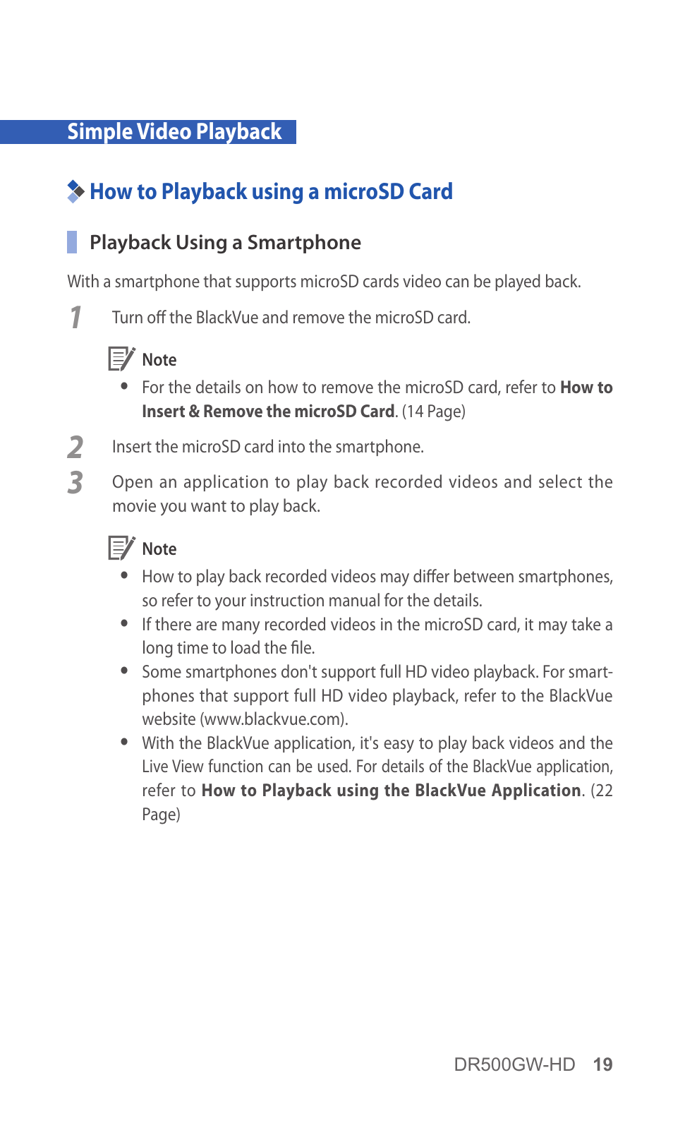 Simple video playback, How to playback using a microsd card, 19 how to playback using a microsd | Card | BlackVue DR500GW-HD V.5.01 User Manual | Page 19 / 46