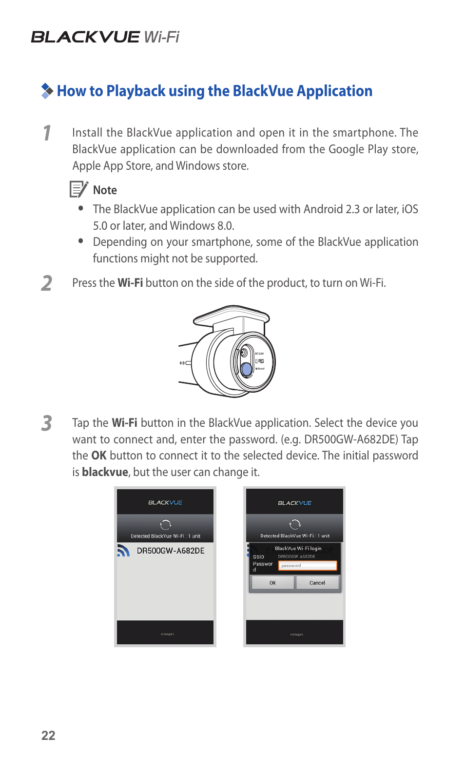 How to playback using the blackvue application, 22 how to playback using the blackvue, Application | BlackVue DR500GW-HD V.5.01 User Manual | Page 22 / 46