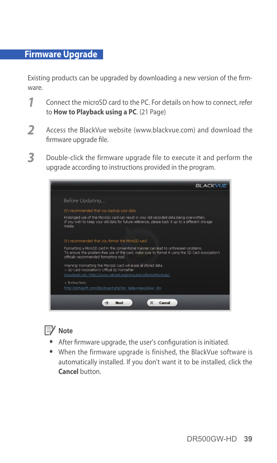 Firmware upgrade | BlackVue DR500GW-HD V.5.01 User Manual | Page 39 / 46