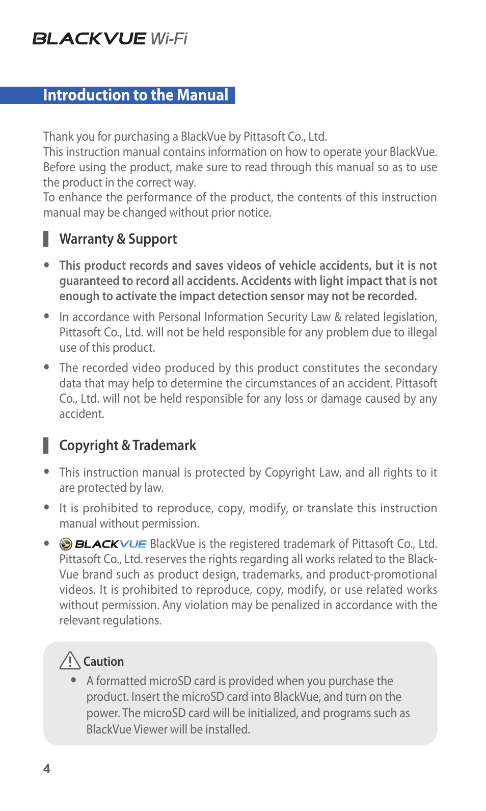 Introduction to the manual | BlackVue DR500GW-HD V.5.01 User Manual | Page 4 / 46
