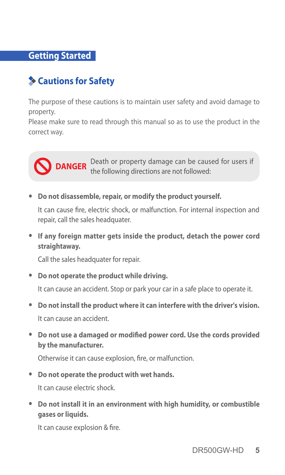 Getting started, Cautions for safety, 5 cautions for safety | Getting started cautions for safety | BlackVue DR500GW-HD V.5.01 User Manual | Page 5 / 46