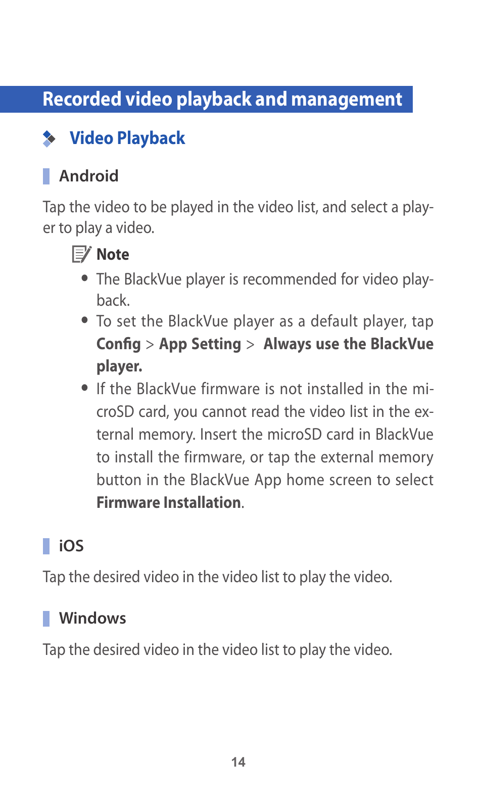 Recorded video playback and management, Video playback, Recorded video playback and | BlackVue App V.2.00 User Manual | Page 14 / 21