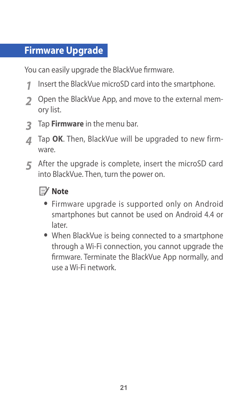 Firmware upgrade | BlackVue App V.2.00 User Manual | Page 21 / 21