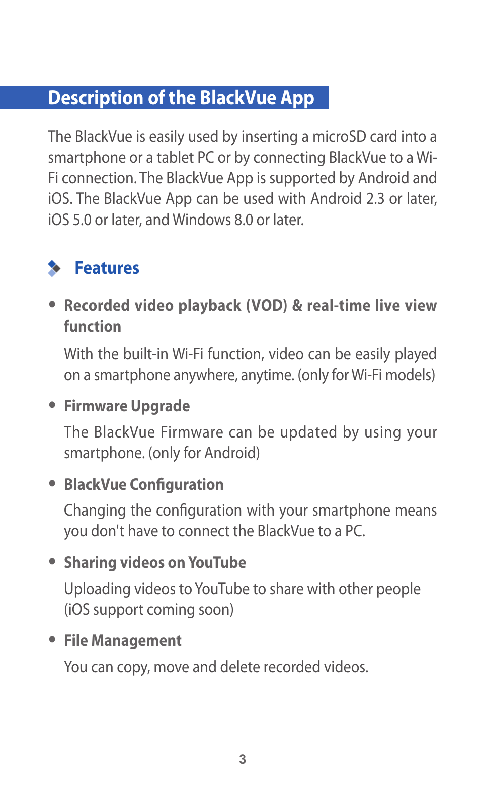 Description of the blackvue app, Features, Features 3 | BlackVue App V.2.00 User Manual | Page 3 / 21