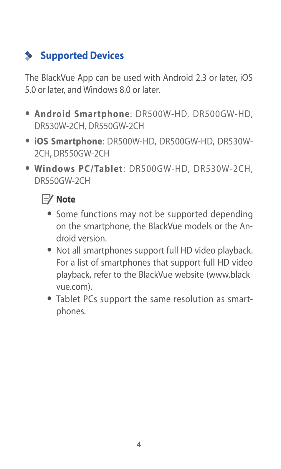 Supported devices | BlackVue App V.2.00 User Manual | Page 4 / 21